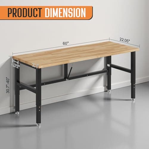 SPECRAFT 60" Folding Workbench, Adjustable Foldable Workbench with 2000 LBS Capacity, 30.7"-40" Height, Rubber Wood Top for Garage, Workshop, Office 2