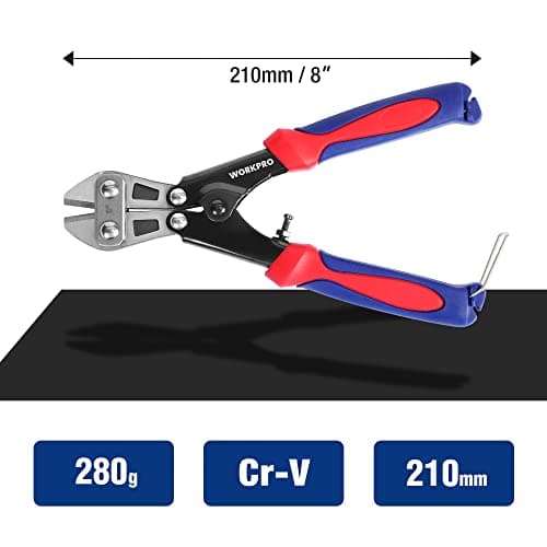 WORKPRO Mini Bolt Cutter 8-inch, Spring Loaded Small Heavy Duty Wire Cable Cutter, Snips Clippers with Soft Anti-Slip Handle 5