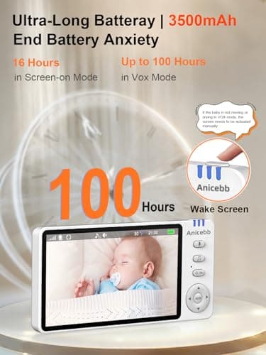 Anicebb 5" HD Video Baby Monitor with Camera and Audio, No WiFi Hack-Proof Security, Remote Pan-Tilt-Zoom, 100-Hour Battery Life in VOX Mode, 1000ft Range, Night Vision, Temperature & Cry Alerts 2