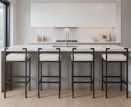 CIMOTA White Modern Bar Stools Set of 4 with Low Back, Linen Counter Height Stools Tall Barstools Upholstered Bar Chairs Counter Stool for Kitchen Island with Metal Leg for Kitchen/Pub, 30 Inch, Beige