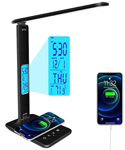 snsok Desk Light with Wireless Charger, USB Charging Port, Dimmable Office Desk Lamp with Clock, Alarm, Date, Temperature, Foldable Lamp for Table Bedroom Bedside Office