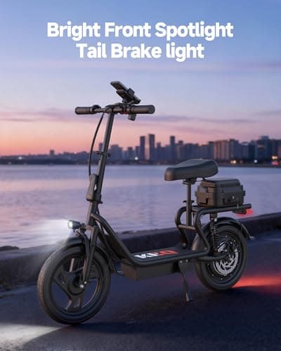 KEQ Electric Scooter Adults with Seat, 48V 22.5AH Foldable Escooter 14" Tires 500W Motor 22MPH 35Miles Long Range and Disc Brake 350lbs Max Load Dual Shock Suspension Wide Deck Rear Box 5