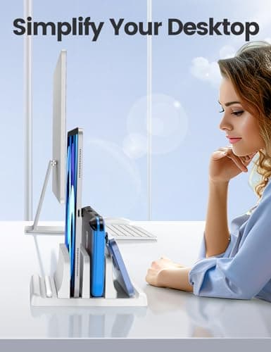 Vaydeer Vertical Laptop Stand for Desk, Dual Slots Plastic Laptop Holder Organizer with Space Saving 4-in-1 Design, Adjustable Laptop Stand Storage Supports MacBook, Chromebook, Surface, Dell (White) 6