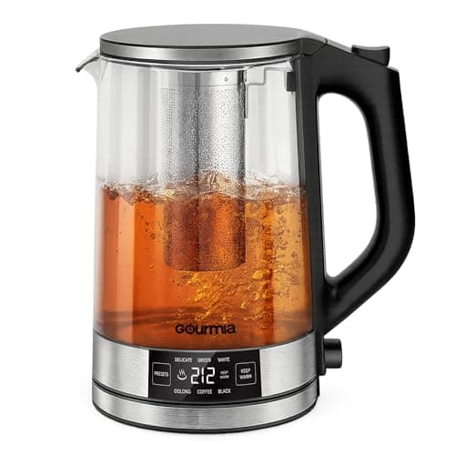 Gourmia Programmable Digital Glass Kettle – 1.7L Adjustable Temperature Electric Kettle with 6 Presets, Keep Warm, Stainless Steel Tea Infuser, 360° Swivel Base, Black
