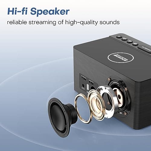 ANJANK Wooden Bluetooth Speaker, Alarm Clock with FM Radio, Qi Certified Fast Wireless Charging Station for iPhone/Samsung, USB Charger Port, Dimmable Display, Digital Wood Clock for Bedroom, Bedside 3