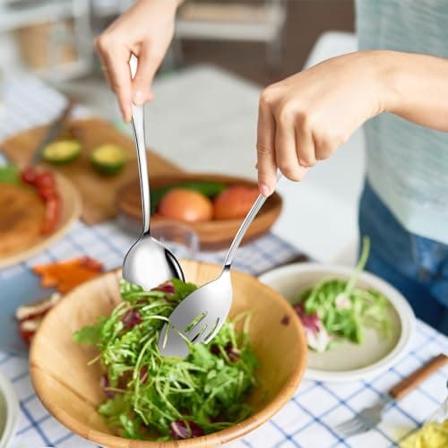 Large Stainless Steel Serving Utensils Set 15 Pcs with 10" Serving Spoon,10" Slotted Spoons,10" Serving Forks,9.5" Serving Tongs,Soup Ladle,Pie Server,Cake/Butter Knife for Buffet/Parties 5