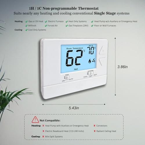 NonProgrammable Thermostat for Home, Digital Energy-Saving Thermostat,Single-Stage Systems, 1 Heat/1 Cool, Easy DIY Install,White Backlight 3