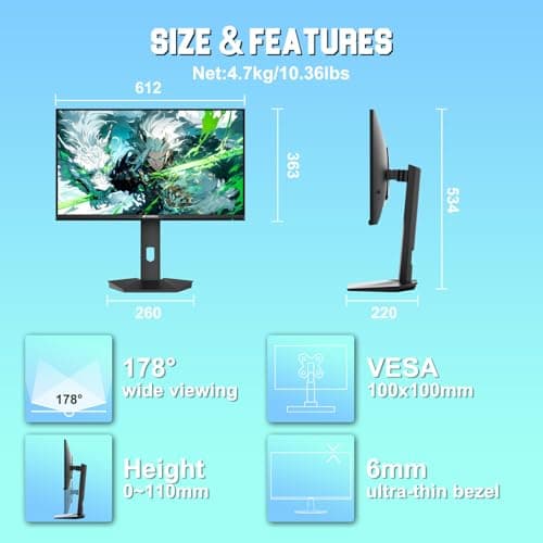 SANSUI Gaming Monitor 27" 1440P 200Hz 180Hz WQHD 2560×1440-AMD FreeSync 1ms DCI-P3 95% Fast IPS Computer Monitor,Height Adjustable Vertical/Horizontal Rotating, 2×DisplayPort/HDMI 丨HDR丨Low Motion Blur 9