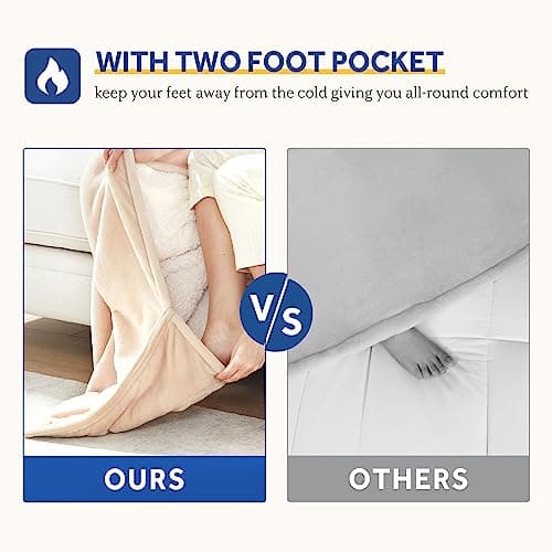 Sealy Electric Blanket Wearable with Foot Pocket, Electric Snuggle Blanket with Sleeves, Flannel & Sherpa Heating Throw with 6 Heat Settings & 2-10 Hours Auto Shut Off, 50 * 70"+18" Beige 8