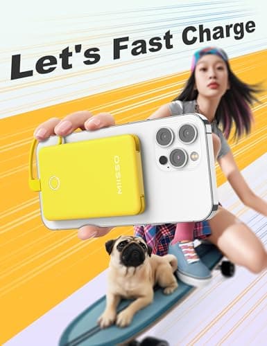 miisso 6000mah Ultra Slim Built in Cables Power Bank, Card Size Built in USB C Cords Battery Pack Portable Charger for Phones, 3 Output External Battery Pack Compatible with iPhone, Yellow 7