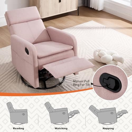 Ketaiyou Rocker Swivel Recliner Chair for Adults, Overstuffed Large Manual Recliner Glider with Massage and Heat, Comfy Soft Fabric Living Room Reclining Sofa Chair (Pink) 6