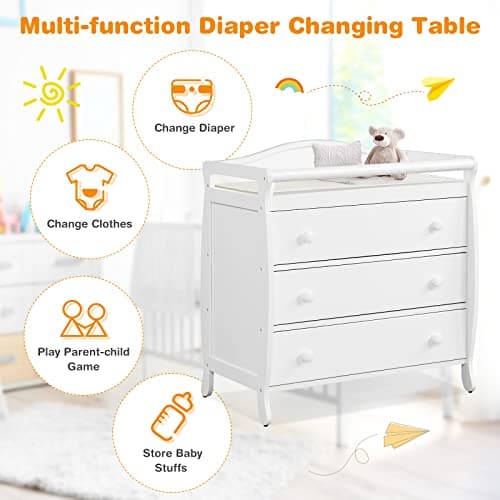 Costzon 3-Drawer Changing Table, Infant Diaper Changing Station with Drawers, Safety Rails & Strap, Baby Changing Table Dresser for Nursery, Easy Assembly (White) 7