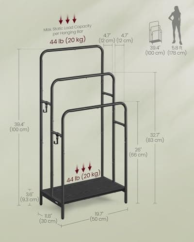VASAGLE Freestanding Towel Rack, 3-Tier Blanket Holder with Storage Shelf, 19.7 x 11.8 x 39.4 Inches, 2 Hooks, for Bath Towels, Ink Black and Ebony Black ULLS009B01 5