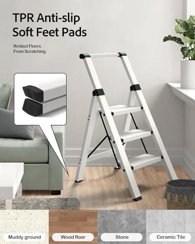 Taranta 3 Step Ladder, Lightweight Aluminum Step Stool with Convenient Handgrip, Folding Ladder with Anti-Slip Pedals, 330lbs Capacity Stepladder for Home, Office, Kitchen - White 7