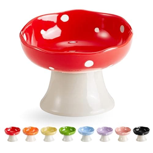Ceramic Elevated Mushroom Cat Bowls, Tilted Raised Pet Dish Anti Vomit Kitten Bowl for Indoor Cats, Whisker Friendly Pet Food and Water Bowl for Kitten, Cat, Puppies, Dishwasher Safe (Red)
