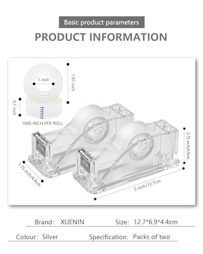 XUENIN 2-Piece Acrylic Tape Dispenser Desk - Durable, Stylish, and Versatile for Home, Office, or School - Fits Standard Tape Rolls - Desktop Convenience for Easy Organization（Silvery） 5