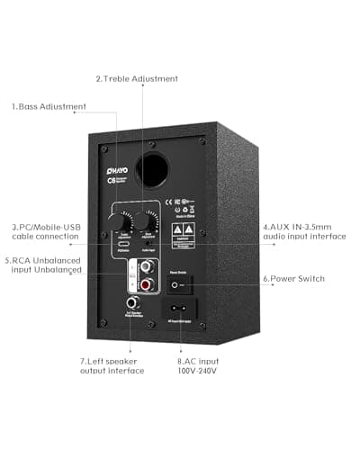OHAYO 60W Computer Speakers for Music and Gaming, Active Bluetooth 5.3, Stereo 2.0 Speakers for Desktop PC or Laptop, 3.5mm Aux RCA USB Input, 1 Pair, Black 7