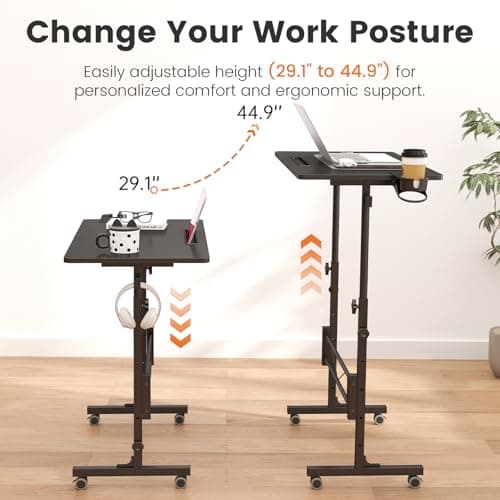 Hadulcet Small Standing Desk Adjustable Height, Mobile Stand Up Desk with Wheels, Portable Walking Pad Table Stand, Rolling Laptop Cart for Standing or Sitting, Black 6
