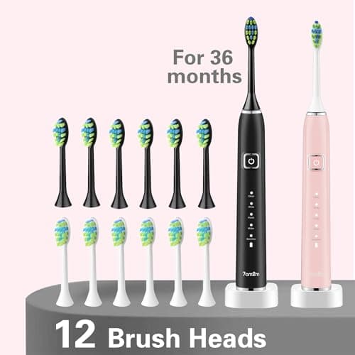 7AM2M Electric Toothbrush 2 Pack Set for Kids and Adults, 12 Brush Heads,5 Adjustable Modes, Built-in 2-Minute Smart Timer,Wireless Fast Charge for 60 Days,IPX7 Waterproof SonicToothbrush(Black+Pink) 6