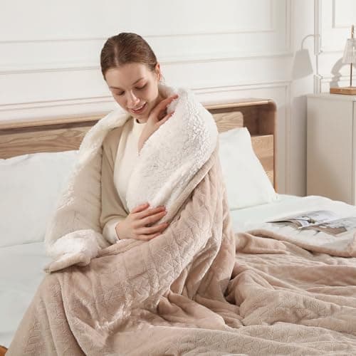 Electric Blanket Queen 84"x90" Heated Blanket Queen Size Dual Control Wheat Pattern Ultra-Soft Flannel & Thick Sherpa with 5 Heat Settings & 10H Auto Off, FCC/ETL Certified, Machine Washable, Beige 9
