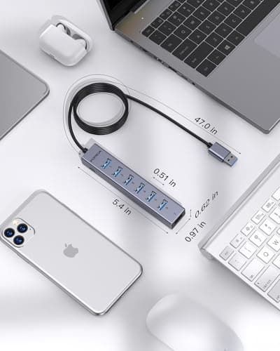 FORIDA Aluminum Alloy 8 Port USB Hub Long Cable USB Splitter with 7-USB3.0 Data Ports and TypeC 5V/3A Power Port Compatible with MacBook, Laptop,Surface Pro, PS5, PC and More (Gray, USB A-47in) 6