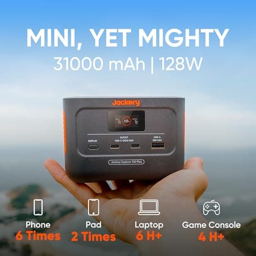 Jackery Explorer 100 Plus Portable Power Station,Random Color(Black or Dune White), 99Wh LiFePO4 Battery Solar Generator, 128W Carry-on Power for Flight, 100W Dual PD 3.0 Fast Charge (Renewed) 5
