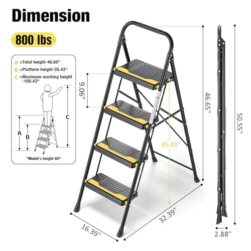 Urackify 4 Step Ladder, Heavy-Duty Pass 800lb Capacity Test, Wide Anti-Slip Steps & Secure Handrail Compact, Folding Step Stool Portable Design for Home, Kitchen, Office, Pantry, Closet Use, Black 9