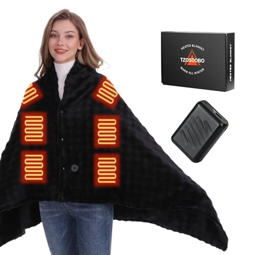TZOSDOBO Cordless Heated Blanket, Battery Operated Heating Blanket with 20000mAh Rechargeable Power Bank, Portable Heated Throw Blanket, 59"x 35.5" Electric Heated Shawl, 3 Fast-heating Levels (Black)