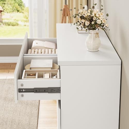 Jocoevol White 6 Drawer Dresser for Bedroom, 15.3" D x 47.2" W x 32.3" H in Simply Modern Chest of Drawers, Wood Storage Double Dresser with Deep Drawers for Living Room, Hallway Entryway, White 6