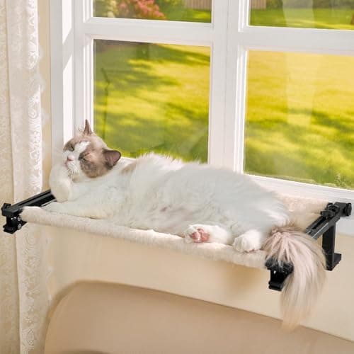 Nxwjoy Cat Window Perch Bed Cat Hammock for Window Sill Seat, 2 in 1 Adjustable Large Cats Sleeping Beds with Cushion Steel Frame Kitten Perches for Windowsill, Bedside, Floor (Beige)