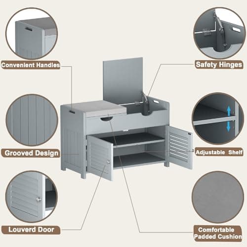 ChooChoo Shoe Storage Bench with Lift Top Storage, Entryway Bench with 2 Cushioned Seats, 3 Compartments, Adjustable Shelf, Shoe Cabinet for Entryway, Bedroom, Living Room, Grey 7