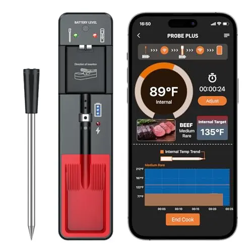 BSRCO Wireless Meat Thermometer, Digital Food Thermometer for Cooking and Grilling, 360 ft Bluetooth Smart Meat Thermometer, for Oven Safe, Kitchen, Smoker, Sous Vide, iOS & Android App Compatible