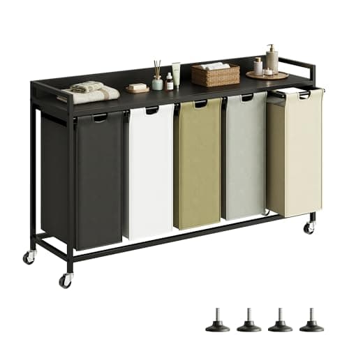 Herture Laundry Hamper with Shelf, Laundry Basket 5 Section, Laundry Sorter with Pull-Out Removable Large 5 Color Bags and Movable Wheels, Metal Frame, 5 x 15.87 Gallons (60L), Black PF08XLK