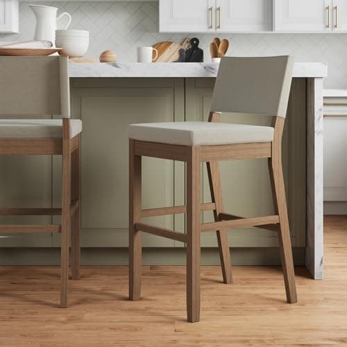 Nathan James Linus Modern Upholstered Bar Stool with Back and Solid Rubberwood Legs in a Wire-Brushed Light Brown Finish, Natural Flax/Light Brown