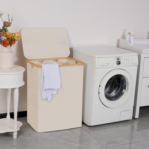 efluky Laundry Hamper with Lid, Trio Laundry Hamper with 3 Removable Bags, 3 Section Laundry Basket with Bamboo Handles for Bathroom, Bedroom & Laundry Room, 160L Beige 6