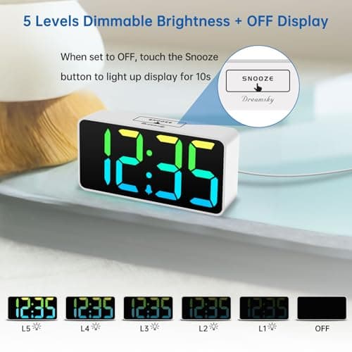 DreamSky Small Digital Alarm Clock for Bederoom, RGB Large Big Numbers Display with Dimmer for Living Room, Electric Bedside Desk Clock with USB Charging Port, Adjustable Volume, USB-C Adapter Powered 5