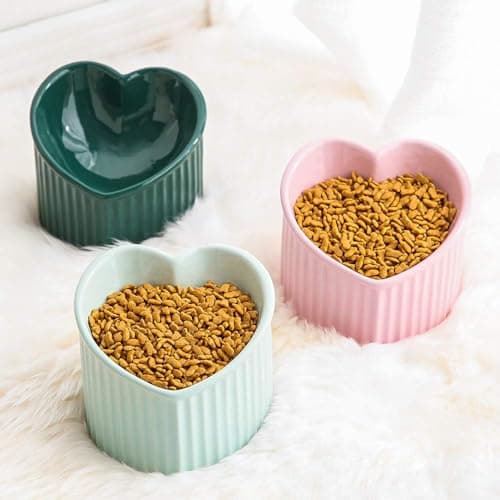 Pink Ceramic Raised Cat Bowls, Tilted Elevated Food or Water Bowls, Stress Free, Backflow Prevention, Dishwasher and Microwave Safe, Lead & Cadmium Free 9