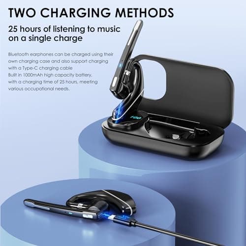 EKVANBEL Bluetooth Headset V5.3, Wireless Earpiece with 1000mAh Charging Case, 96H Talktime, Hands Free Noise Canceling Headphones with Dual-Mic for Computer Cell Phones Trucker Home Office Work 3