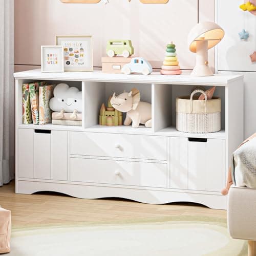 FOTOSOK Large Toy Storage Organizer with 2 Drawers and 3 Cubbies, Organizers for Books or Dolls, Kids Bookshelf Playroom, Cabinet Nursery, White, 14.2”D x 51.2”W x 27.5”H