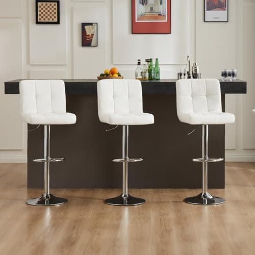 DUMOS Bar Stools Set of 2, Armless Adjustable Swivel Barstools, PU Leather Hydraulic Kitchen Counter Height Bar Stools, Thickened Seat Cushion Square Island Barstools with Back, White 6
