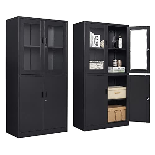 AFAIF 71”H Display Cabinet with Adjustable Shelves, 4 Door Display Cabinets with Glass Door, Black Metal Display case, Locking Steel Storage Caninet for Home/Office/Living Room -Assembly Required