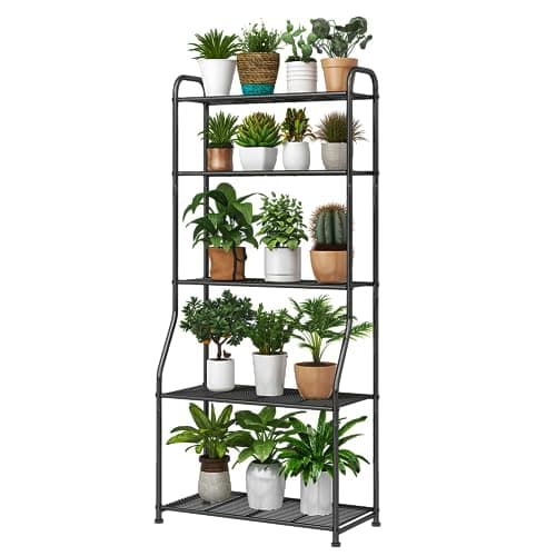 Simple Trending Plant Stand 5-Tier Plant Shelf for Indoor Outdoor, Waterproof Metal Tall Plant Stand for Living Room Bathroom Balcony Garden, Black