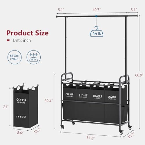 Tajsoon Laundry Sorter Cart with Hanging Clothes Rack, 4 Butler Sorter Basket Organizer, Laundry Hamper Cart with Heavy Duty Rolling Lockable Wheels, Black 7