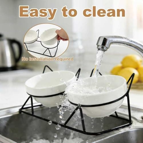 Elevated Tilted Cat Bowls for Indoor Cats，Raised Ceramic Cat Bowl Elevated 15°,Pet Feeding Bowls for Food and Water Anti Vomiting Bowl(Double Ceramics and Tilt Shelf) Suitable 6