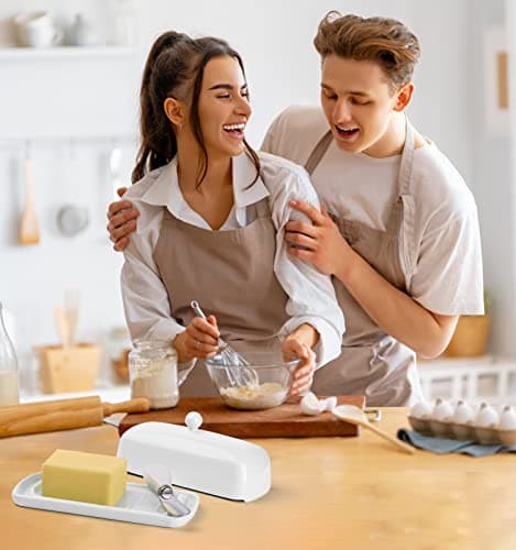Nucookery Porcelain Butter Dish - Clean Table Design - Ceramic Butter Dishes with Lid for Countertop with Raised Non-Slip Strip - Holds 1 Standard Butter Stick - Easy to Clean & Dishwasher Safe. White 9