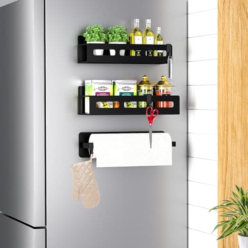 Mamajardin 3 Pack Magnetic Spice Rack Organizer for Refrigerator, Fridge Shelf for Kitchen Organizers and Storage, Metal Spice Racks with Magnetic Paper Towel Holder, Perfect Gifts, Black