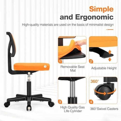 Sweetcrispy Small Office Chair, Ergonomic Low-Back Mesh Rolling Work Swivel Chairs with Wheels, Armless Comfortable Seat Lumbar Support for Home, Bedroom, Study, Student, Adults,Classic Orange 5