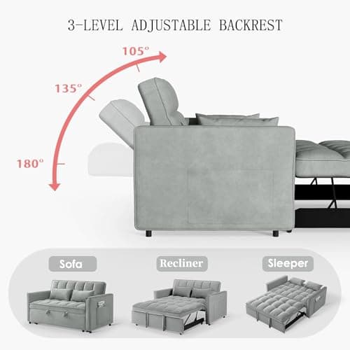 3 in 1 Sleeper Sofa Bed,Velvet Convertible Sofa Bed Pull-Out Bed Couch With Side Pockets,55'' Loveseat Sleeper Sofa with Adjustable Backrest for Living Room,Bedroom,Apartment and Small Space,Gray 5