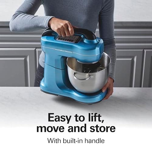 Hamilton Beach Electric Stand Mixer, 4 Quarts, Dough Hook, Flat Beater Attachments, Splash Guard, 7 Speeds with Whisk, Easy-Carry Top Handle, Blue 6
