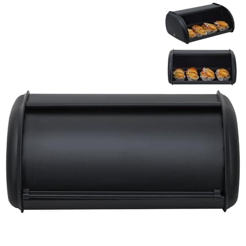 Takywep Large Bread Box for Kitchen Countertop, Food Storage Stainless Steel Double-Layer Bread Storage Container with Window, Farmhouse Pantry Organizer, 13.8" l x 9.3" w x 5.7" h, Black